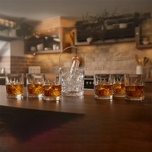 SET LUXURY GLASS 6 VASOS Y 1 HIELERA DE CRISTAL EXCLUSIVO TALLADO